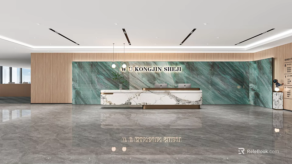 Modern Reception Desk Design With Green Background Wall Marble Countertop And Wooden Elements 3d model 