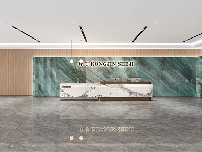 Modern Reception Desk Design With Green Background Wall Marble Countertop And Wooden Elements 3d model