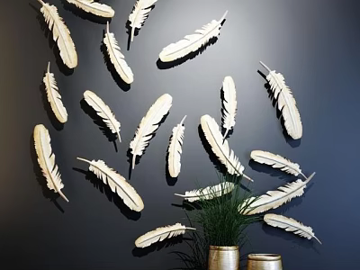White Feather Shaped Wall Decor On Dark Background With Green Plant Accents 3d model