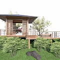 Japanese Style Wooden Pavilion With Deck Railings And Green Garden Plants Stones