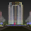 Modern High Rise Residential Building With Lawn Trees And Pedestrians