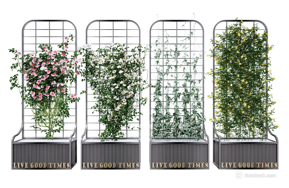 Vine Plants of Various Types Growing on Metal Grid Trellis with Live Good Times Base 3d model 