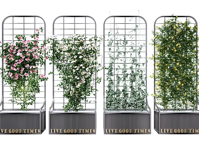 Vine Plants of Various Types Growing on Metal Grid Trellis with Live Good Times Base 3d model