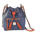 Stylish Blue And Gray Bucket Bags With Orange Tassels Zippers And Labels