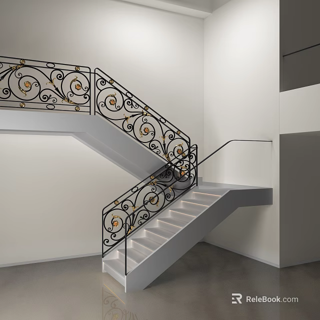 Ornate Iron Railing Design For Modern Staircase With Decorative Patterns And Elegant Details 3d model 