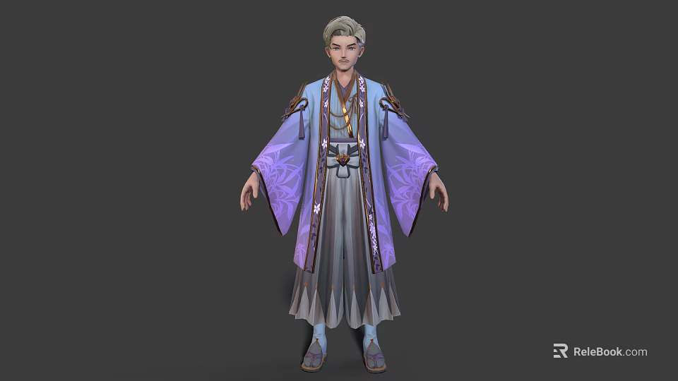 3D Fantasy Male Character Creature Wearing Purple Grey Robe With Intricate Patterns And Decorative Sash 3d model 