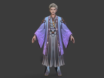 3D Fantasy Male Character Creature Wearing Purple Grey Robe With Intricate Patterns And Decorative Sash 3d model