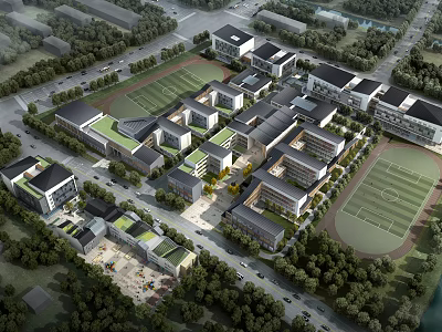 Aerial View Of Modern School Buildings With Sports Fields And Green Surroundings 3d model