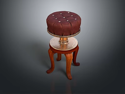 Brown Button Tufted Stool With Wooden Carved Legs And Metal Tray 3d model