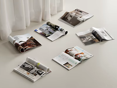 Open Magazines Scattered on White Table With Images and Text Against White Curtain Background 3d model