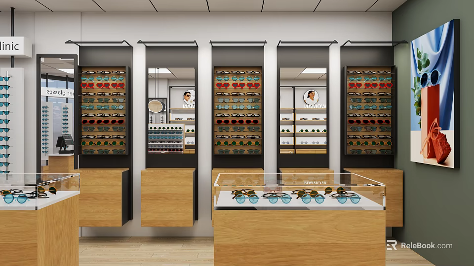 Eyewear Store Interior With Wooden Display Cabinets And Glass Counter Sunglasses Collection 3d model 