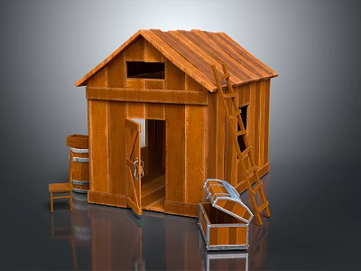 Small Wooden House with Open Door Leaning Ladder Storage Chest And Side Chair 3d model