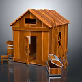 Small Wooden House with Open Door Leaning Ladder Storage Chest And Side Chair