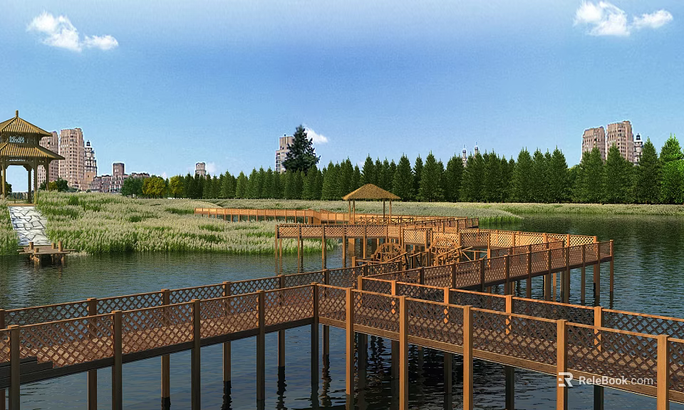 Lakeside Garden Landscape Featuring Wooden Boardwalk Pavilion Reeds Water Distant Trees And Buildings 3d model 