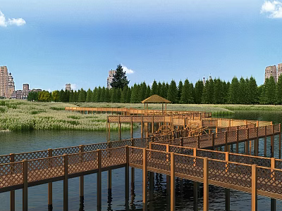 Lakeside Garden Landscape Featuring Wooden Boardwalk Pavilion Reeds Water Distant Trees And Buildings 3d model
