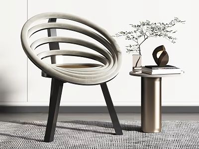 Modern Leisure Chair With Beige Circular Design Black Legs And Side Table With Decorative Plants 3d model