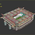 Stadium Architectural Model With Red Steel Structure Green Lawn And White Stands