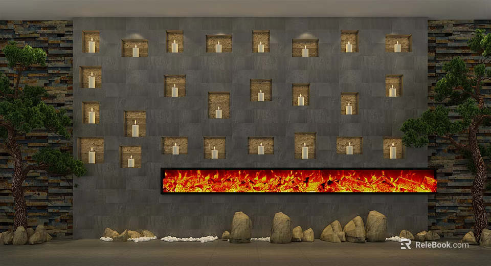 Gray Stone Background Wall With Square Niches Lights And Long Flame Feature At Bottom 3d model 