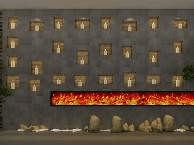 Gray Stone Background Wall With Square Niches Lights And Long Flame Feature At Bottom 3d model