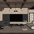 Warm Modern Living Room Interior With Wooden Beam Ceiling Chandelier Black Leather And White Sofa