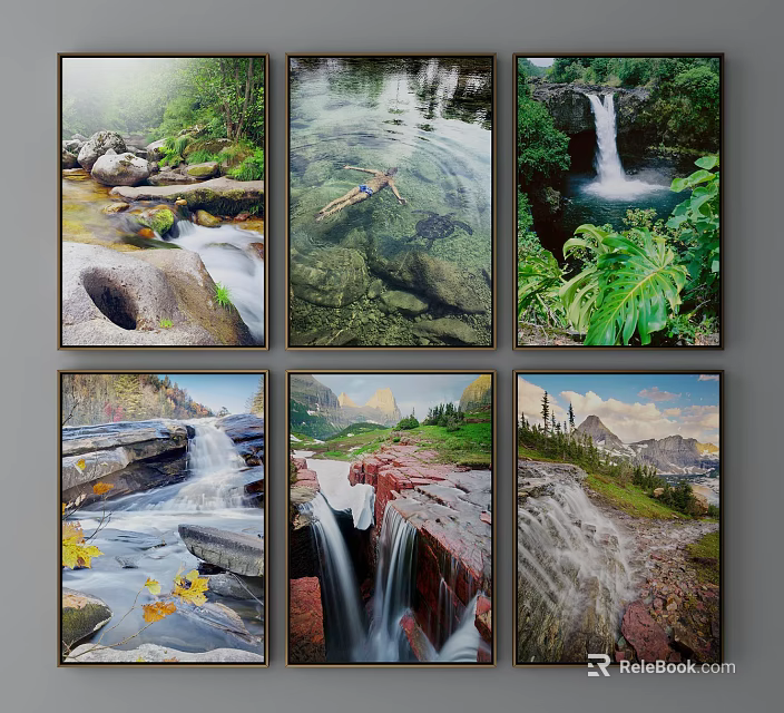 Beautiful Landscape Paintings With Streams Waterfalls Mountains Clear Water And Green Vegetation 3d model 