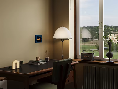 Modern Study Room Interior With Wooden Desk Table Lamp Books And Flower Vase 3d model