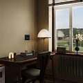 Modern Study Room Interior With Wooden Desk Table Lamp Books And Flower Vase