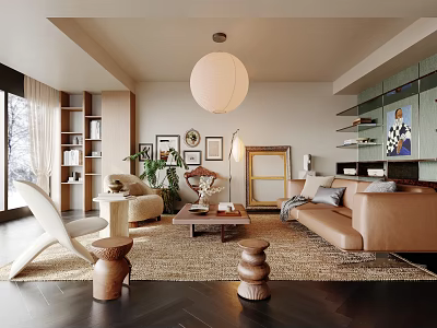 Stylish Living Room Interior Design With Beige Sofa Round Pendant Light And Wooden Coffee Table 3d model