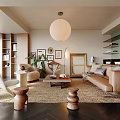 Stylish Living Room Interior Design With Beige Sofa Round Pendant Light And Wooden Coffee Table