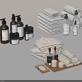 Essential Bathroom Accessories with Towels Liquid Soap Bottles Candles and Wooden Tray