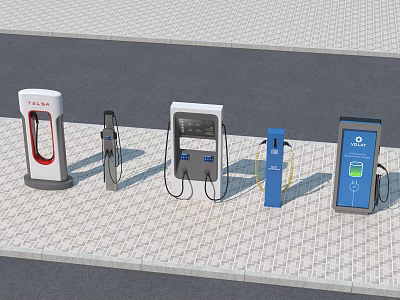 Different Types of Electric Vehicle Charging Stations Installed on Outdoor Paved Surface With Various Designs 3d model