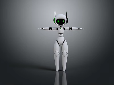 Smart Robot with White Exterior Green Eyes and Black Headphones Standing with Extended Arms Isolated 3d model