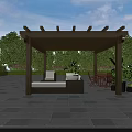 Wooden Pergola Outdoor Seating Space With Sofa Chairs Green Plants And Paved Floor