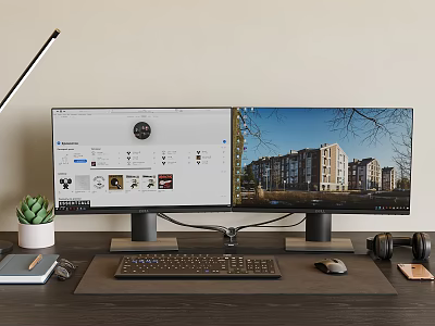 Dual Monitor Computer Desktop Setup With Keyboard Mouse Desk Lamp And Potted Plant 3d model