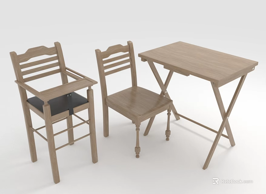 Simple Wooden Furniture Set With Folding Table Armchair Black Cushion And Standard Chair 3d model 