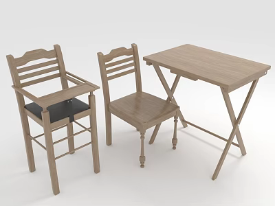 Simple Wooden Furniture Set With Folding Table Armchair Black Cushion And Standard Chair 3d model