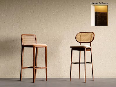 Natural Wooden Bar Stools With Rattan Backrest And Comfortable Seats In Modern Interior 3d model