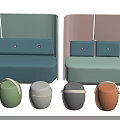 Light Green and Pink Sectional Sofas with Six Assorted Color Stools in Living Room 3d model