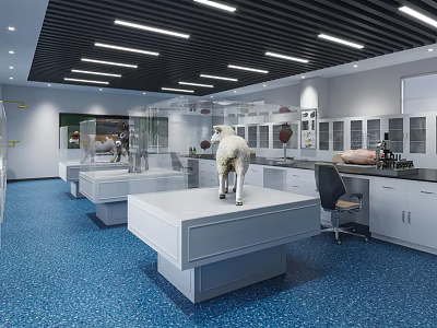 Modern Laboratory Interior With Lab Tables Equipment Specimen Models And Ceiling Lights 3d model