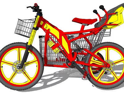 Red and Yellow Bicycle with Front and Rear Shopping Baskets and Large Wheels 3d model