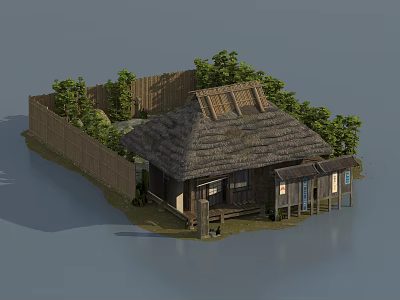 Ancient Traditional Building With Thatched Roof Wooden Fence And Surrounding Trees 3d model