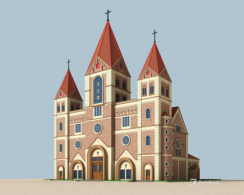 Christian Church Building with Three Red Spires Crosses Arched Circular Windows 3d model 