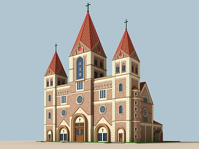 Christian Church Building with Three Red Spires Crosses Arched Circular Windows 3d model