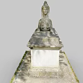 Intricate Stone Sphinx Sculpture Carving On Pedestal With Mossy Base In Outdoor Setting