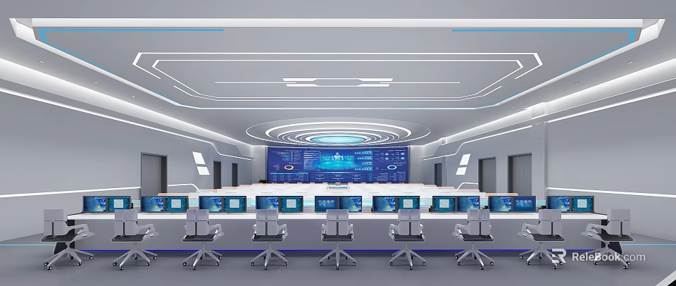 Modern Monitoring Control Room With Multiple Display Screens And Control Panel Layout 3d model 