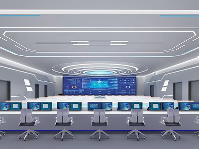 Modern Monitoring Control Room With Multiple Display Screens And Control Panel Layout 3d model