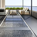 Modern Home Balcony Featuring Wooden Lattice Outdoor Sofa Leisure Chair Tiled Floor And Scenic View
