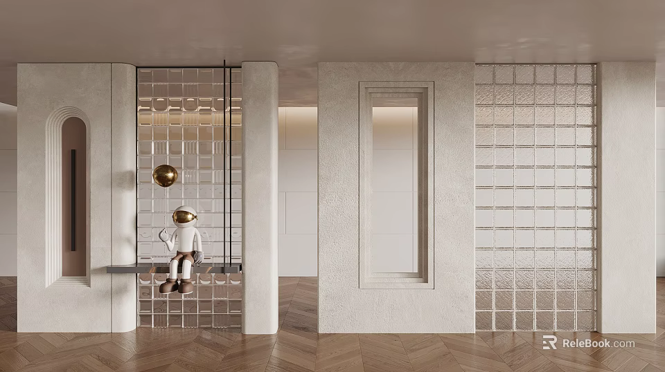 Modern Entryway Glass Partition With Grid Design And Metal Sphere Decor 3d model 