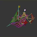 Unique Fantasy Sailing Ship With Red Silver Hull Multiple Sails And Flags 3d model