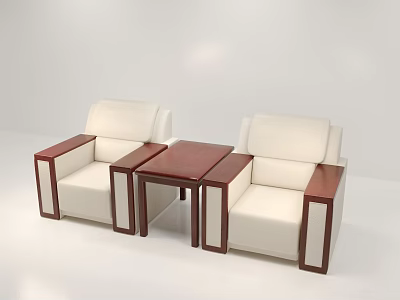 Casual Sofa Combination Featuring Beige Upholstery And Dark Brown Wooden Armrests With Center Table 3d model